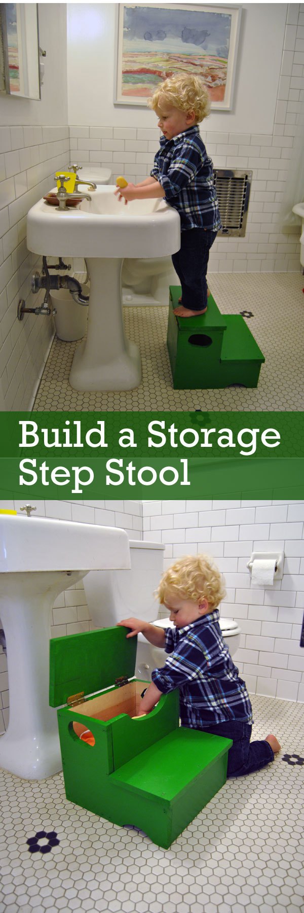 green diy kids stool with built-in bath toy storage